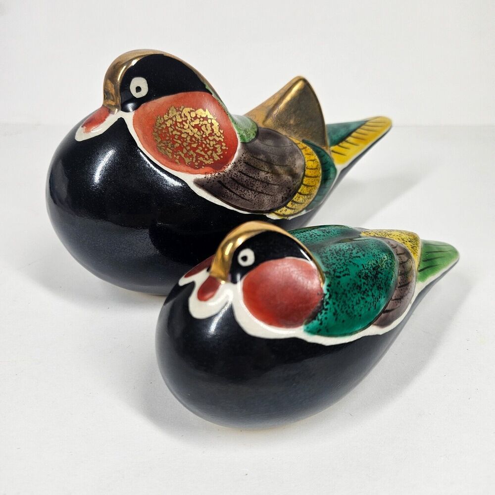 Japan Mandarin Duck Pair Vintage Kutani Porcelain Signed Handpainted